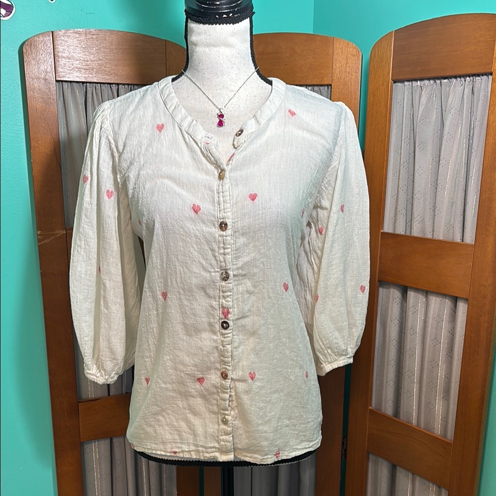 T x K Cream Puff Sleeve Button Down Blouse with Mandarin Collar